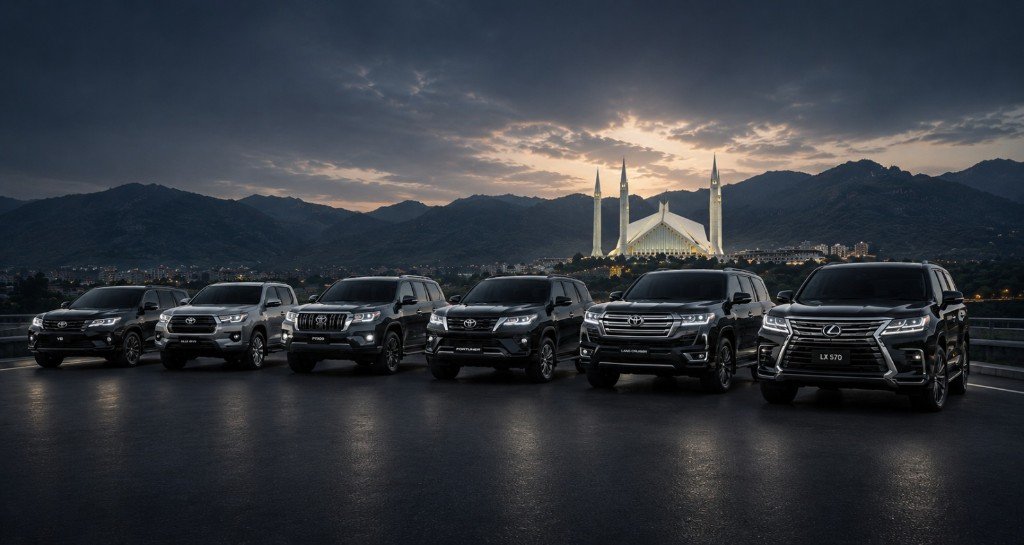 Signature Rent A Car premium SUV fleet with Faisal Mosque at dusk