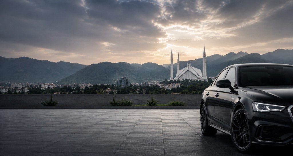 Signature Rent A Car luxury sedan overlooking Faisal Mosque, Islamabad